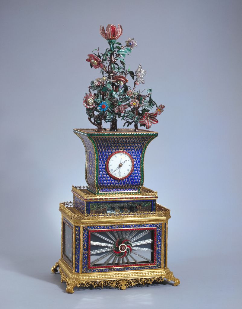 图片[1]-Copper plated enamel flowering butterfly flowerpot clock-China Archive